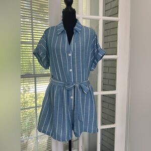 Fashion Nova  Out Of The Line Romper XL Women’s Blue/White Belted Button